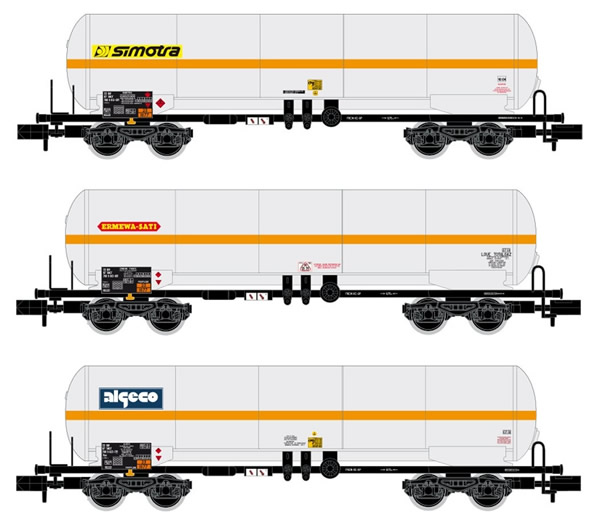 Arnold HN6387 - 3-unit 4-axle gas tank wagons, contains 1 x Ermewa Sati, 1x Millet and 1 x Simotra