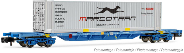 Arnold HN6460 - 60’ container wagon MMC, loaded with 2x 20’ container “RENFE”, oxid red livery