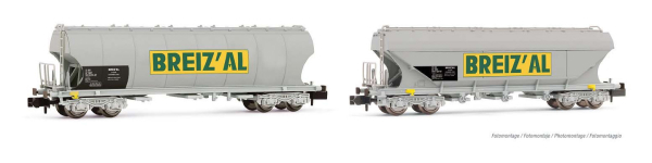 Arnold HN6470 - 2-unit pack 4-axle flat- and round-sided silo wagons BREIZAL