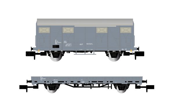 Arnold HN6716 - 2pc Service Wagons, VGhs closed wagon + Vkkkm flat wagon loaded with ballast