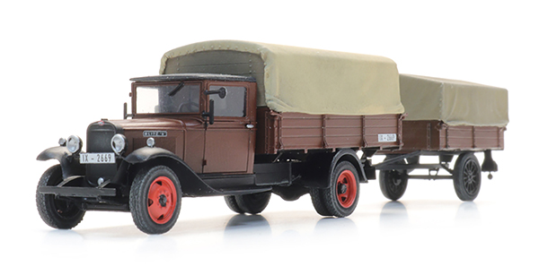 Artitec 387.628 - Opel Blitz 6 flatbed truck and trailer with tarpaulin