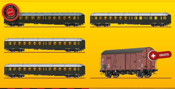 Brawa 45921 - Promotional Offer - DB 4 Piece Passenger Coach Bottle Green Set including FREE Freight Car