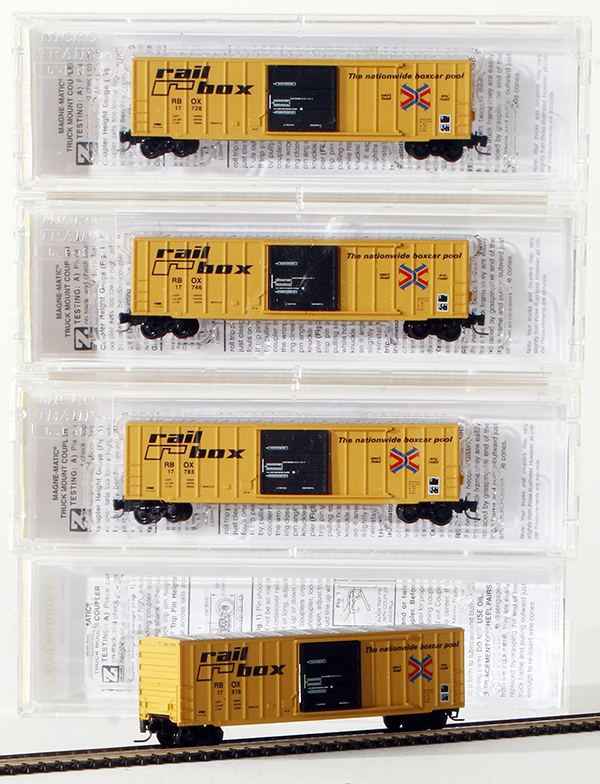 Consignment MT994-00-001 - Micro-Trains American 50 Rib-Side Boxcar 4-Piece Set of the Railbox Company