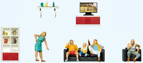 Preiser 10649 - Family watching TV.  Living room set